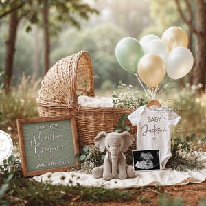 Safari Pregnancy Announcement Template, Digital Baby Announcement, Elephant Theme,  Instant Download, Editable Template, New Adventure