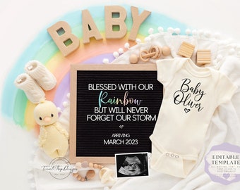 Rainbow Baby \ Digital Pregnancy Announcement \ Social Media Reveal \ Baby Announcement \ Editable Template \ Blessed with our Rainbow