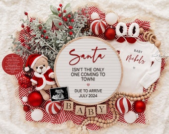May include: A festive Christmas-themed baby announcement. The design includes a teddy bear in a Santa suit, a white onesie with "Baby Nichols", and a letter board with the text "Santa Isn't the Only One Coming to Town! Due to Arrive July 2024."