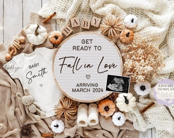 Fall Pregnancy Announcement Digital Gender Neutral Baby Announcement Social Media Reveal Boy Girl Instant Editable Template Baby Fall Love