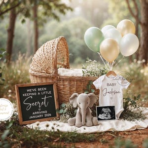 Safari Pregnancy Announcement Template, Digital Baby Announcement, Elephant Theme,  Instant Download, Editable Template, Little Secret