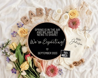 Spring is in The Air, Digital Pregnancy Announcement,  Floral Gender Neutral Template, Social Media Reveal, April Announcement