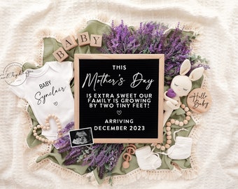 Mother's day Digital Pregnancy Announcement, Gender Neutral Editable Template, Minimalist baby announcement, Lavender Spring flowers