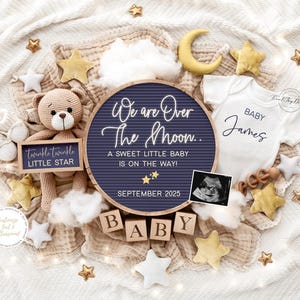 Digital Pregnancy Announcement, Baby Announcement, Instant Download, Editable Template, Announcement, Moon Star Theme, Over the Moon