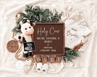 Kuh Schwangerschaftansage Digital, Babymitteilung, Bearbeitbare Schwangerschaftsvorlage, Sofortiger Download, Geschlechtsneutrales Baby offenbaren, Heilige Kuh