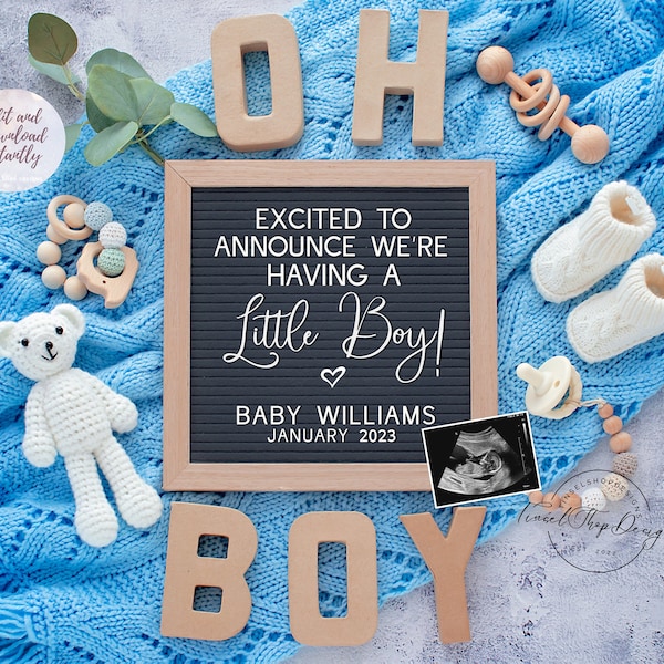 Its A Boy Digital Pregnancy Announcement | Baby Gender reveal for social media| Editable template | Flat lay letterboard |  little boy