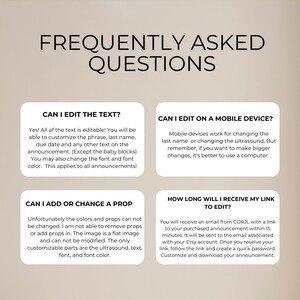 Peut inclure: Graphique beige avec le titre &laquo;&nbsp;QUESTIONS FR&Eacute;QUEMMENT POS&Eacute;ES&nbsp;&raquo; en grandes lettres noires. Quatre bo&icirc;tes blanches contiennent du texte sur la modification des annonces, y compris le texte, la police et la couleur. L'image fournit des informations sur l'&eacute;dition sur les appareils mobiles.
