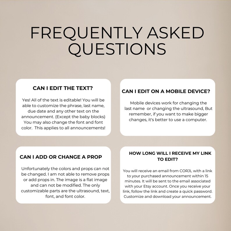 Peut inclure: Graphique beige avec le titre &laquo;&nbsp;QUESTIONS FR&Eacute;QUEMMENT POS&Eacute;ES&nbsp;&raquo; en grandes lettres noires. Quatre bo&icirc;tes blanches contiennent du texte sur la modification des annonces, y compris le texte, la police et la couleur. L'image fournit des informations sur l'&eacute;dition sur les appareils mobiles.