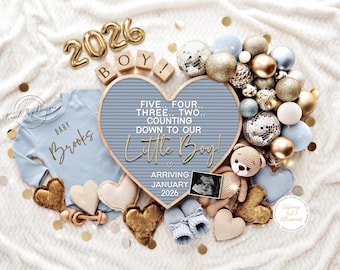 Boy New Year Pregnancy Announcement: Blue Festive Design (Digital Download)