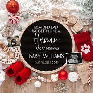 Anuncio de embarazo digital de mascotas de Navidad \ Anuncio de bebé \ Género neutro \ Plantilla editable \ Perro \ Mamá papá Humano
