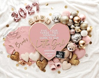 May include: A pink baby announcement with a heart-shaped sign that reads "Little Girl" and "Arriving January 2027." The image includes a pink onesie, balloons, wooden blocks, and a sonogram, all arranged on a white blanket.
