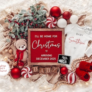 Christmas Pregnancy Announcement Digital Baby Announcement December Pregnancy Gender Neutral Social Media Reveal I'll Be Home for Christmas