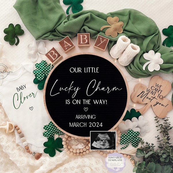 St. Patrick's day Digital Pregnancy Announcement\ Baby Announcement \ Editable Template\ Pregnancy Reveal \ Social Media \ Lucky Charm