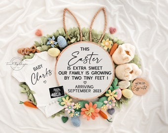 May include: A wooden sign with the text "This Easter is extra sweet our family is growing by two tiny feet! Arriving September 2023" surrounded by baby booties, an ultrasound image, a onesie that says "Baby Clarks", and Easter decorations like eggs, flowers, and carrots.