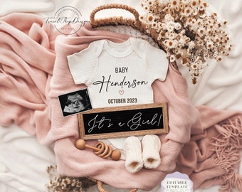 It&#39;s a Girl Digital Pregnancy Announcement: Editable Template