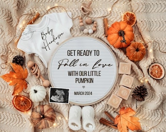 Fall Pregnancy Announcement Digital \ Autumn\ Editable template\ Social media\ Baby Announcement \Gender Neutral \  Fall in love Pumpkin