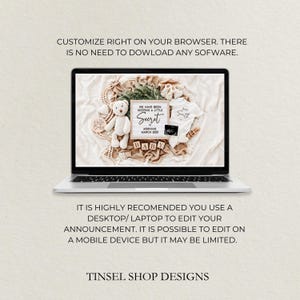 May include: A laptop displays a baby announcement with a teddy bear, baby clothes, and the text "We have been keeping a little Secret, arriving March 2025, Baby Smith." The text "Customize right on your browser" is also visible.