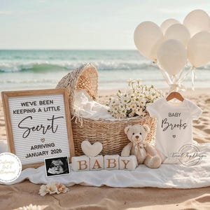 Pregnancy Announcement Template, Beach Pregnancy Announcement, Nautical Baby Announcement, Instant Download, Editable Template, Secret