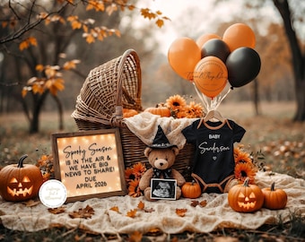 May include: A fall-themed announcement with a carved pumpkin, a baby onesie, and balloons. The onesie says "Baby Sanderson." A sign reads "Spooky Season is in the air & we have big news to share! Due April 2026."