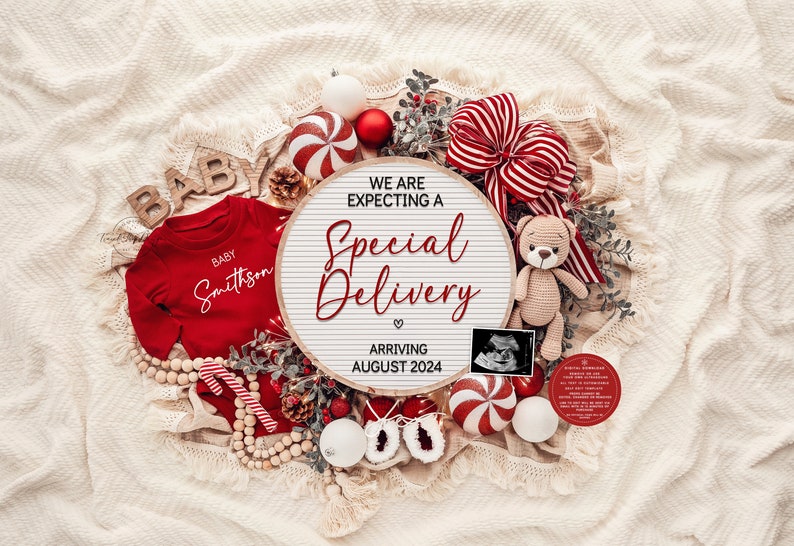 Christmas Pregnancy Announcement Holiday Digital Baby Announcement Editable Template Instant Download Girl Gender Reveal Tiny Little Gift image 9