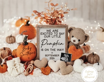 Fall Pregnancy Announcement Digital  Baby Announcement Neutral Autumn Boy Gender Reveal Girl Editable Template Instant Download Social Media