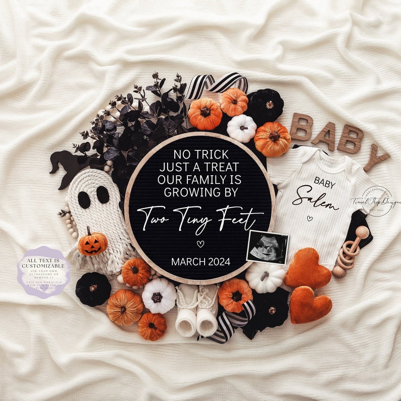 Halloween Pregnancy Announcement Digital Fall Baby Announcement Spooky Editable Template Instant Download Gender Neutral Trick or Treat image 2