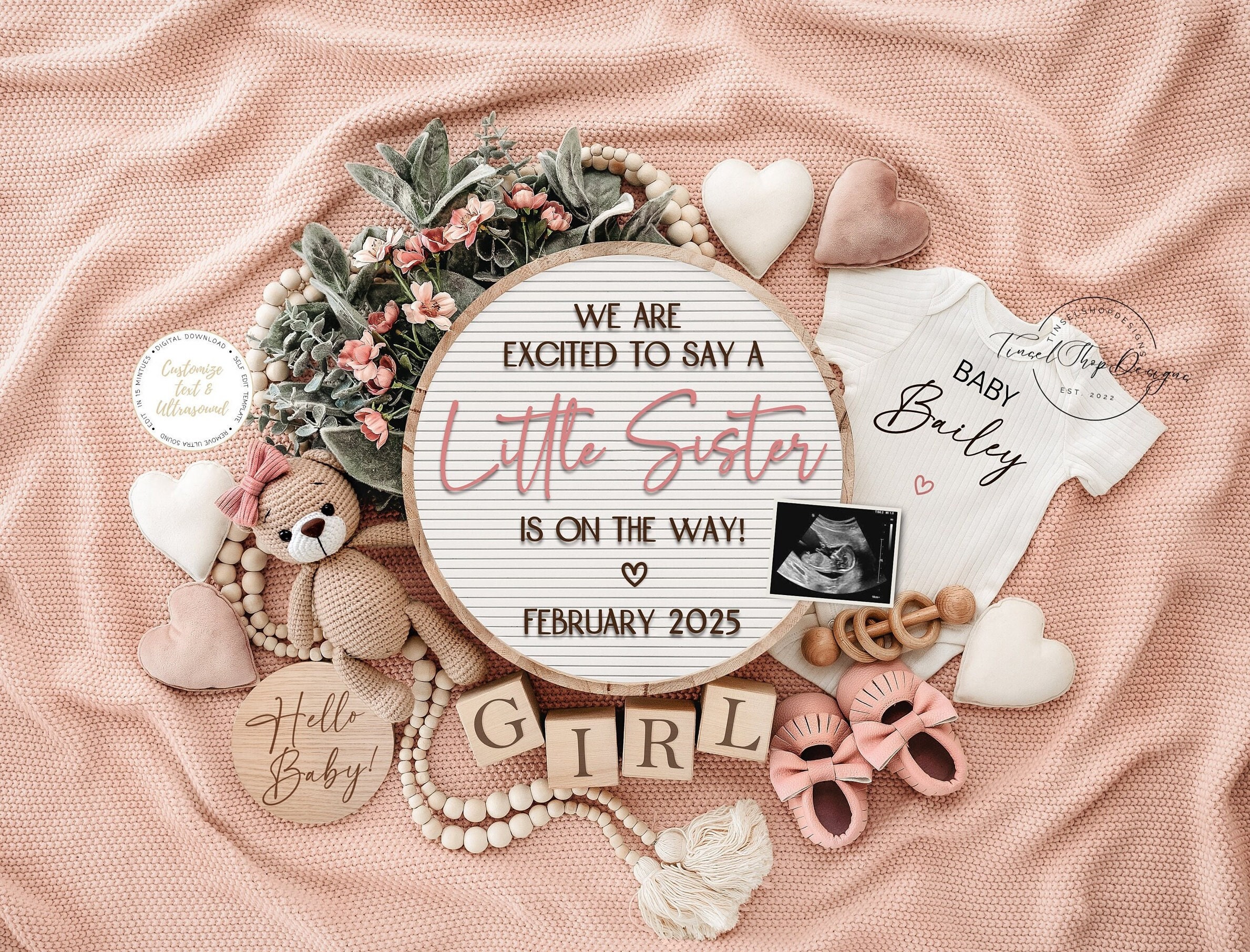 Little Sister Pregnancy Announcement, Digital Baby Announcement, Gender Reveal, Instant Download, Summer Baby Girl, Pink Reveal, Teddy Bear