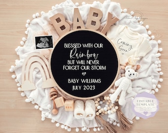 Rainbow Baby Digital Pregnancy Announcement | Baby Reveal for Social Media|  Editable template | Neutral Rainbow | Blessed with Our Rainbow