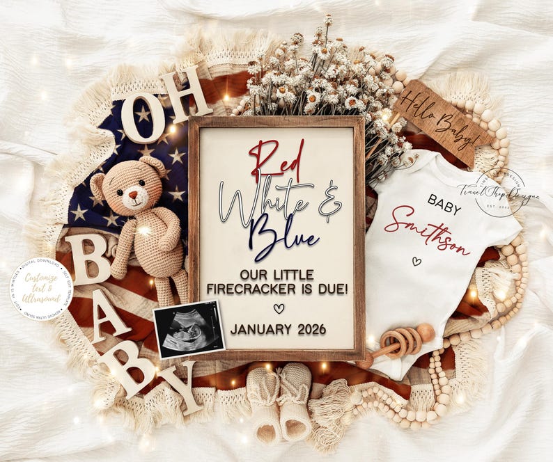 Anuncio de nacimiento para el 4 de julio, rojo, blanco y azul, plantilla editable (descarga digital) imagen 1