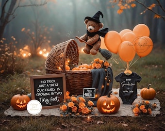 Może przedstawiać: Ogłoszenie o ciąży w stylu Halloween z misiem w kapeluszu czarownicy, pomarańczowymi balonami, dyniami i body z napisem "Baby Sanderson April 2026". Znak mówi "No Trick Just a Treat Our Family is Growing by Two Tiny Feet."