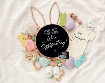 Easter Pregnancy Announcement Digital, Spring Baby Announcement, Gender Neutral, Editable Template, Hold on to your Peeps