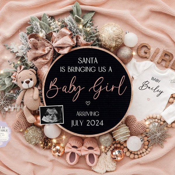 Girl Christmas Digital Pregnancy Announcement, Baby Announcement, Editable Template, Holidays Pink Reveal, Girly Gender Reveal, Pink Teddy