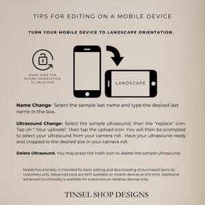 Peut inclure: Un guide pour l'&eacute;dition sur un appareil mobile, avec un smartphone et un t&eacute;l&eacute;phone en orientation paysage. Le texte explique comment changer l'orientation et modifier les images d'&eacute;chographie. Le graphique comprend le texte "TINSEL SHOP DESIGNS".