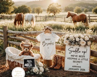 Western Pregnancy Announcement, Digital Baby Announcement, Baby Reveal, Instant Download, Editable Template, Saddle Up, Little Secret