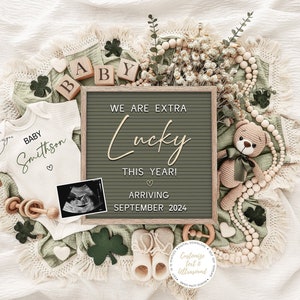 St Patrick's day Pregnancy Announcement, Digital Baby Announcement, Gender Neutral Baby Reveal,  Instant Download Social Media, Extra Lucky