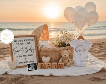 May include: A beach scene with a wicker basket, balloons, and baby clothes. A sign reads "WE ARE EXCITED TO SAY OUR Sweet Baby IS ON THE WAY! JANUARY 2026." A white onesie says "BABY Brooks." Wooden blocks spell "BABY."