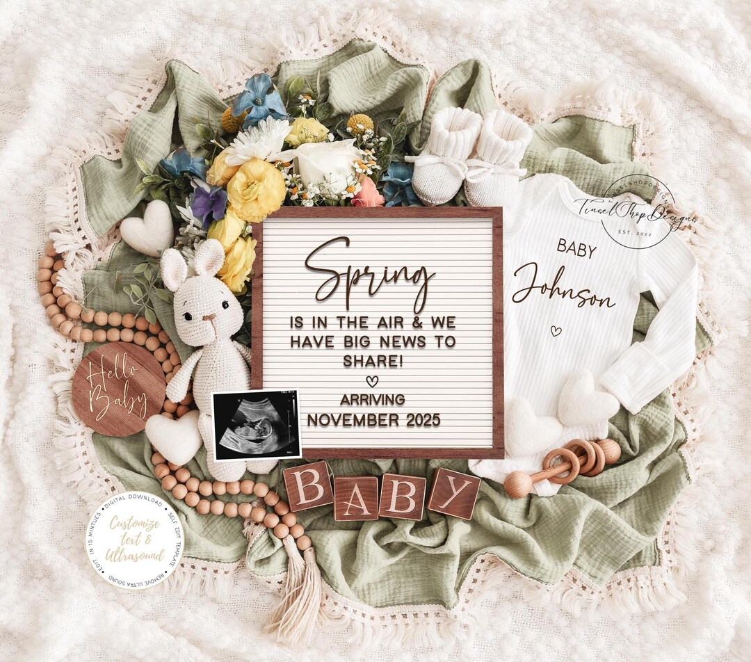 Spring Baby Announcement: Editable Pregnancy Reveal (digital Download ...