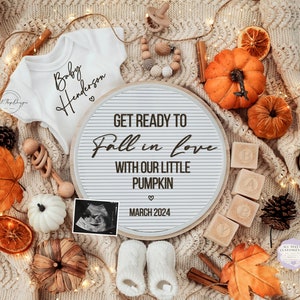 Fall Pregnancy Announcement Digital \ Autumn\ Editable template\ Social media\ Baby Announcement \Gender Neutral \  Fall in love Pumpkin