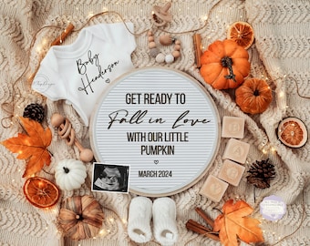 Fall Pregnancy Announcement Digital \ Autumn\ Editable template\ Social media\ Baby Announcement \Gender Neutral \  Fall in love Pumpkin