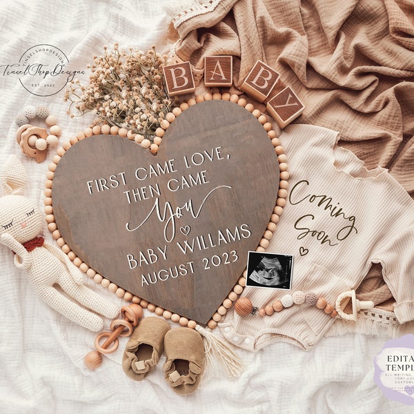 Valentines Day Digital Pregnancy Announcement \ Baby Announcement\ Gender Neutral \ Editable Template \February\ First Came love