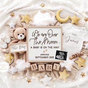 Pregnancy Announcement Template, Baby Announcement, Instant Download, Editable Pregnancy Reveal, Gender Neutral Reveal, Over the Moon Theme