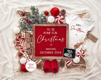Christmas Pregnancy Announcement Digital Baby Announcement December Pregnancy Gender Neutral Social Media Reveal I'll Be Home for Christmas