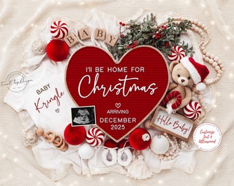 Kerstbabyaankondiging: bewerkbare decemberonthulling (digitale download)
