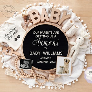 Pet Gender Neutral Pregnancy Announcement | Editable Template |  Pregnancy Reveal For Social media| Dog | Cat | Parents getting human