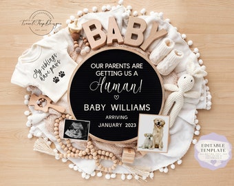 Pet Gender Neutral Pregnancy Announcement | Editable Template |  Pregnancy Reveal For Social media| Dog | Cat | Parents getting human