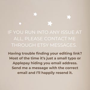 Peut inclure: Fond beige avec texte blanc et illustrations d'&eacute;toiles. Le texte se lit comme suit : &laquo; SI VOUS RENCONTREZ UN PROBL&Egrave;ME, VEUILLEZ ME CONTACTER VIA LES MESSAGES ETSY. Vous avez du mal &agrave; trouver votre lien d'&eacute;dition ? &raquo;