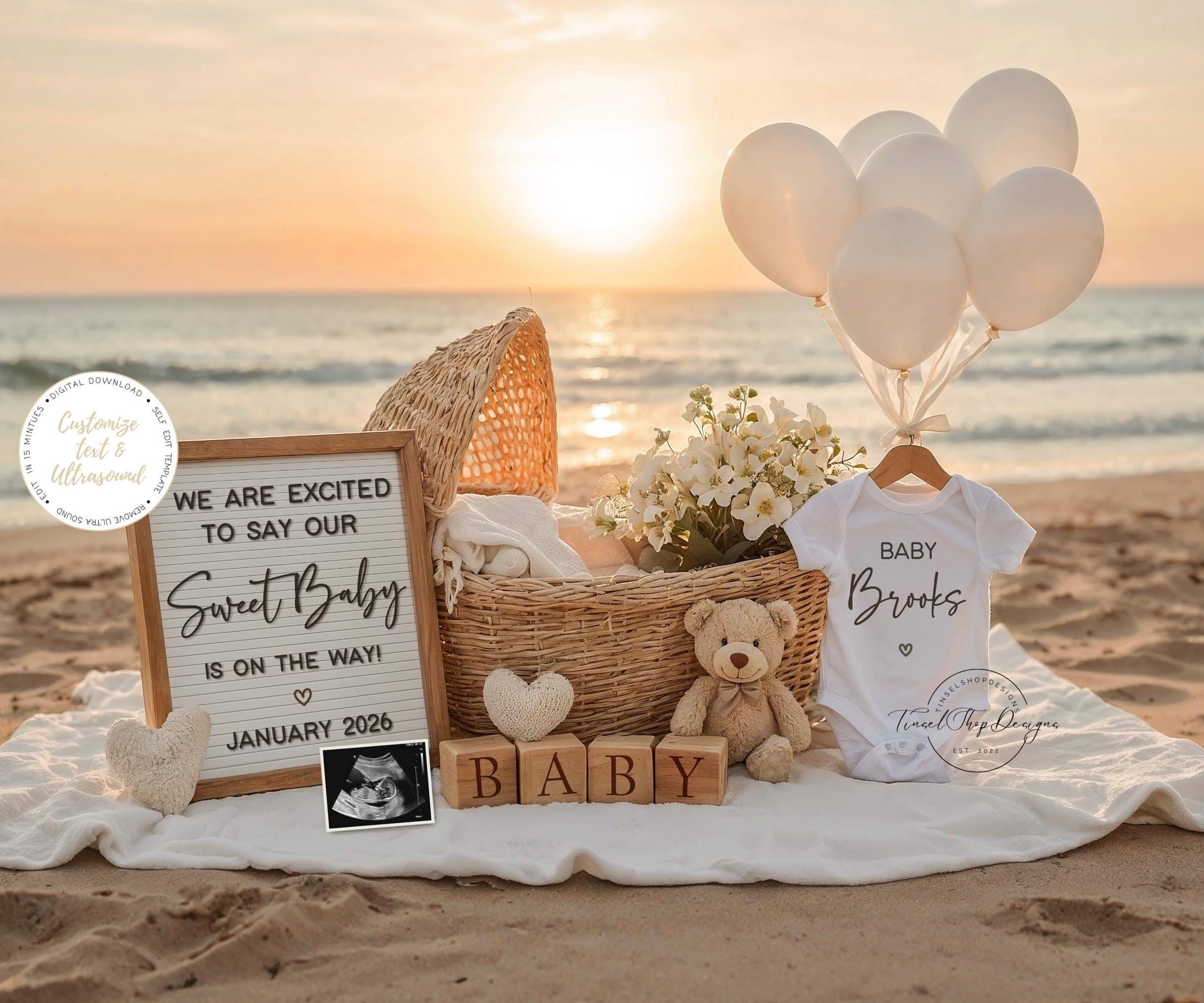 Beach Pregnancy Announcement, Digital Pregnancy Announcement, Nautical Baby Announcement, Instant Download, Editable Template, Sweet baby