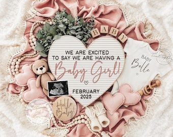 Girl Pregnancy Announcement Digital Baby Announcement Editable Template Instant Download Girl Gender Reveal For Social Media Pink Teddy Bear