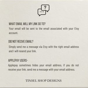 May include: Cream-colored card with black text and a speech bubble icon. The text provides instructions on where a link will be sent, what to do if an email is not received, and information for Apple Pay users. The shop name "Tinsel Shop Designs" is at the bottom.