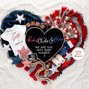 Fourth of July Digital Pregnancy Announcement, Heart Gender Neutral Baby Announcement,  Editable Template Social Media, Red White Due Baby 2